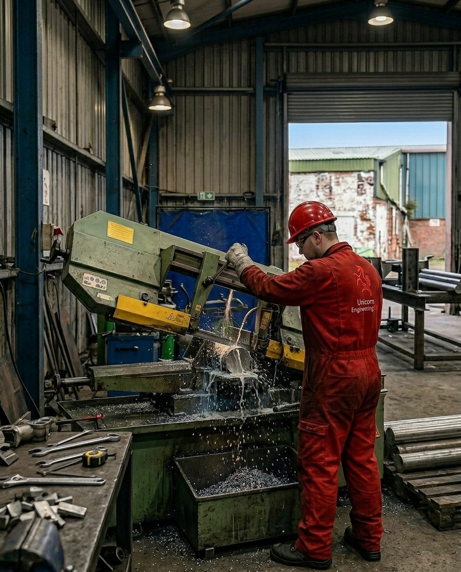 Cutting structural steel stock at Park Works